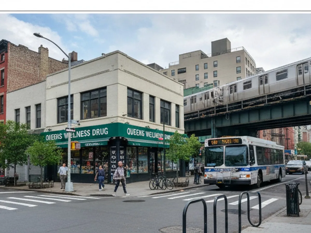 Daytime scene at a Queens commercial intersection with a bus pulling up, commuters heading toward a large corner retail pharmacy, bike racks and street trees in the foreground, and elevated subway tracks in the distance, suggesting easy multimodal access to everyday essentials.