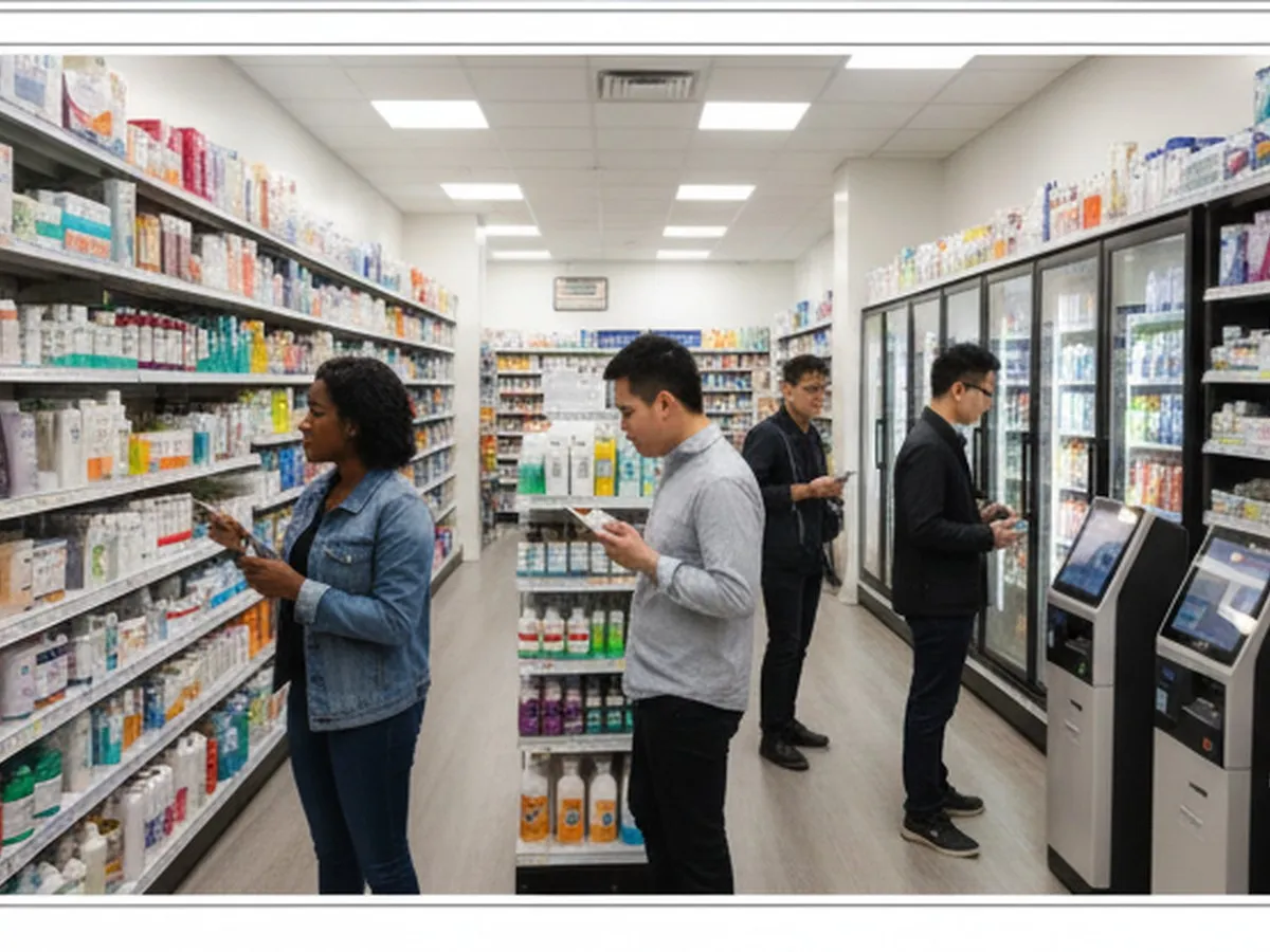 Evening interior of a brightly lit urban drugstore aisle in Brooklyn, with diverse young adults browsing shelves of health and beauty products, a refrigerated section visible in the background, and a self-checkout area near the exit, illustrating typical services without any recognizable branding.