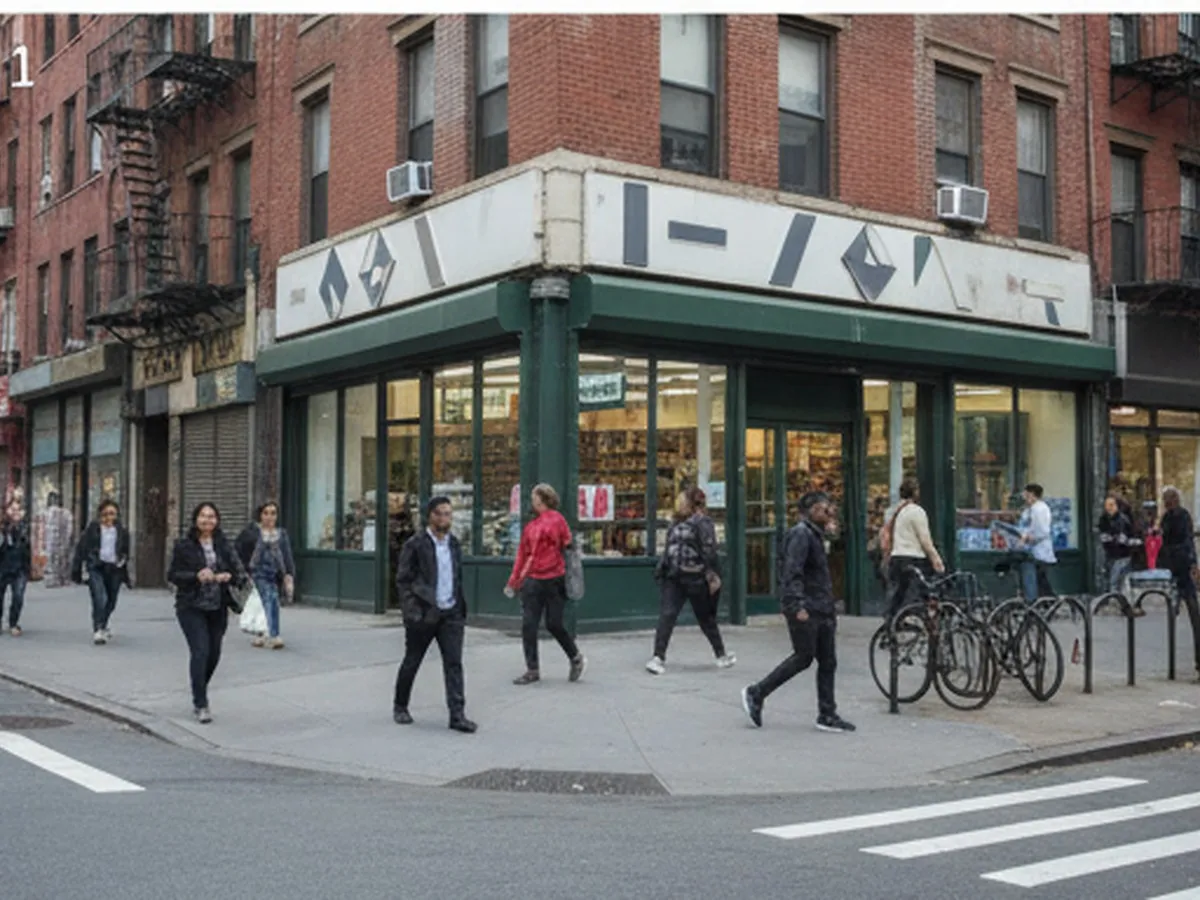 A bright, candid street-level photo of a compact discount store corner in a dense New York City neighborhood, with pedestrians, bike racks, and mixed brick-and-glass storefronts at midmorning, photorealistic editorial style.