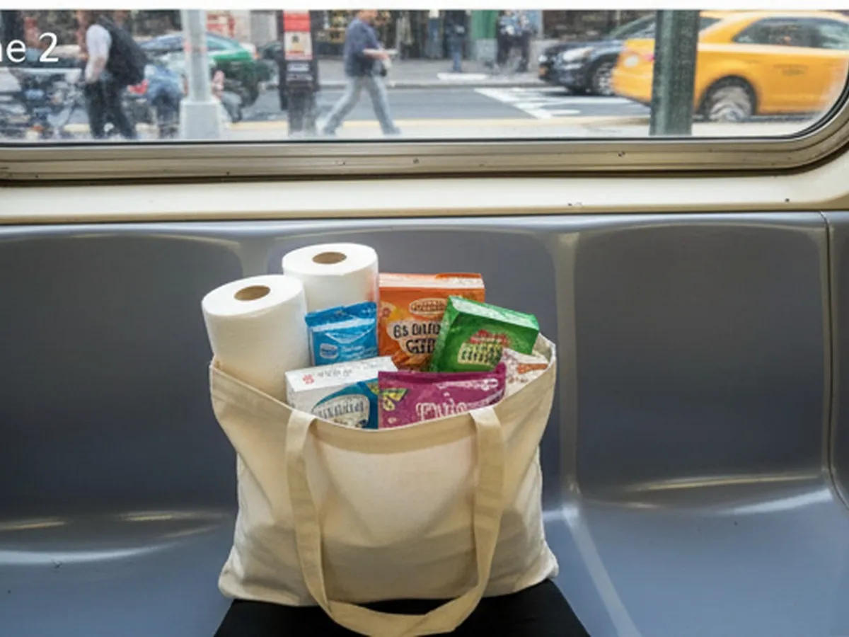An overhead photorealistic scene of a shopper’s reusable tote on a subway seat beside budget household items and snacks, with a blurred NYC station interior and natural window light.