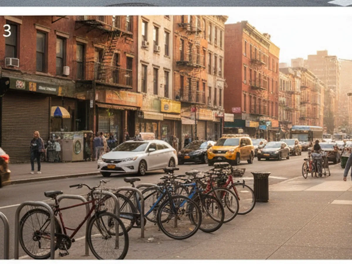 A realistic late-afternoon New York sidewalk scene outside a neighborhood retail strip, showing people carrying small shopping bags, delivery bikes, and city traffic in soft golden light, no visible brand signage.