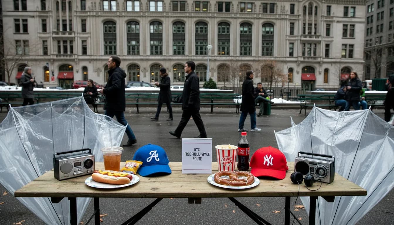 braves vs yankees: NYC Free Public-Space Route — photorealistic New York City editorial scene
