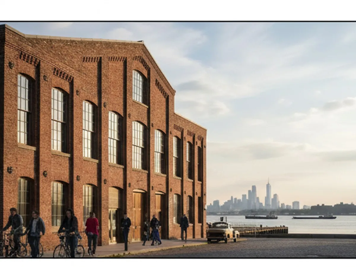 Sunset view of the IKEA Brooklyn building on the Red Hook waterfront, with New York Harbor and low industrial warehouses in the background, a mix of cyclists, pedestrians, and yellow cabs in the foreground, soft golden light and realistic urban detail.