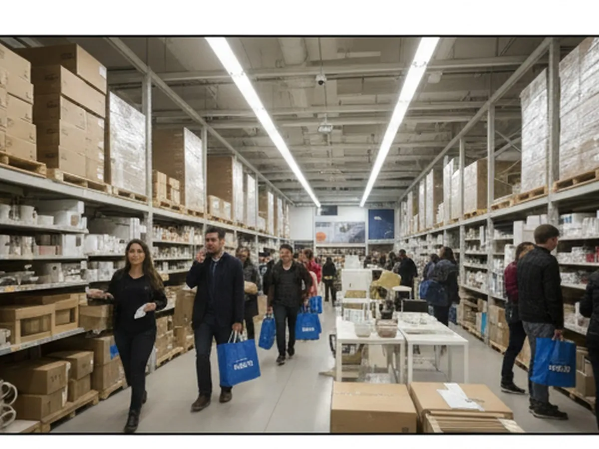 Busy interior of an IKEA store near New York City, with diverse young adults examining flat-pack furniture and home accessories, wide warehouse aisles, stacked cardboard boxes on high shelves, and realistic lighting that evokes a typical weekend shopping rush.