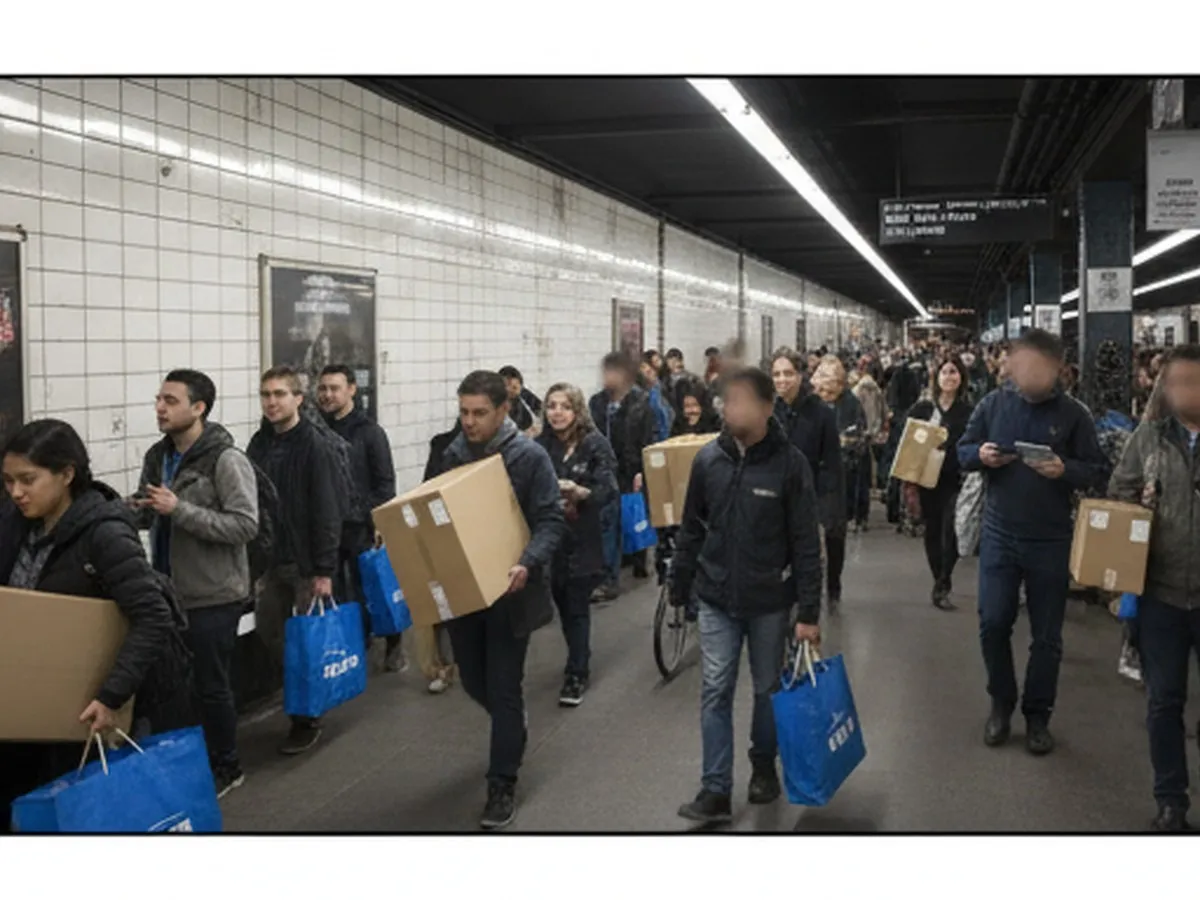 Crowded NYC subway platform with riders carrying large blue IKEA bags and flat-packed boxes, a train pulling in, underground tile walls and signage, realistic motion blur suggesting the hustle of city life.