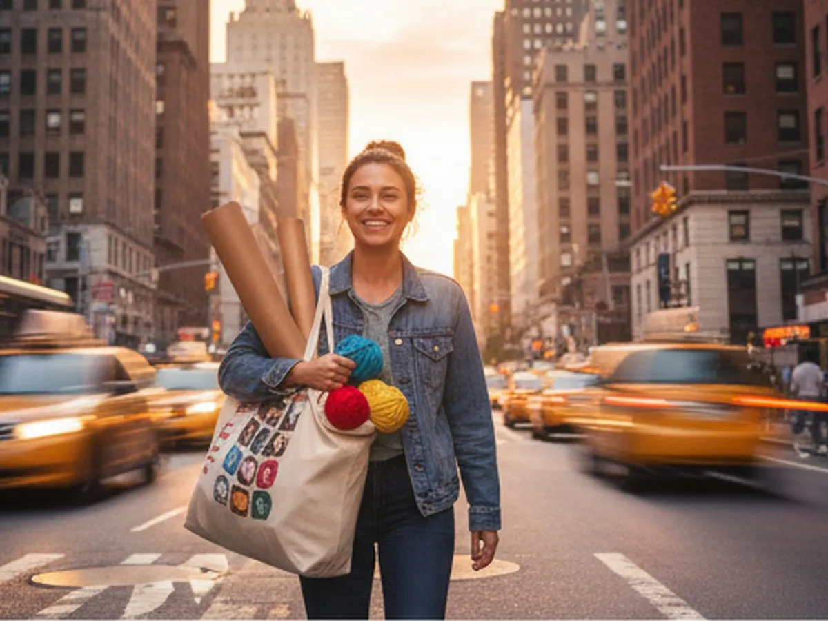 Sunset street-level scene in Midtown Manhattan looking west, with a young adult carrying a reusable shopping bag full of colorful yarn and poster boards, blurred yellow cabs and buses in motion, and skyscrapers glowing in warm light, shot on a wide-angle lens with natural colors and soft depth of field.