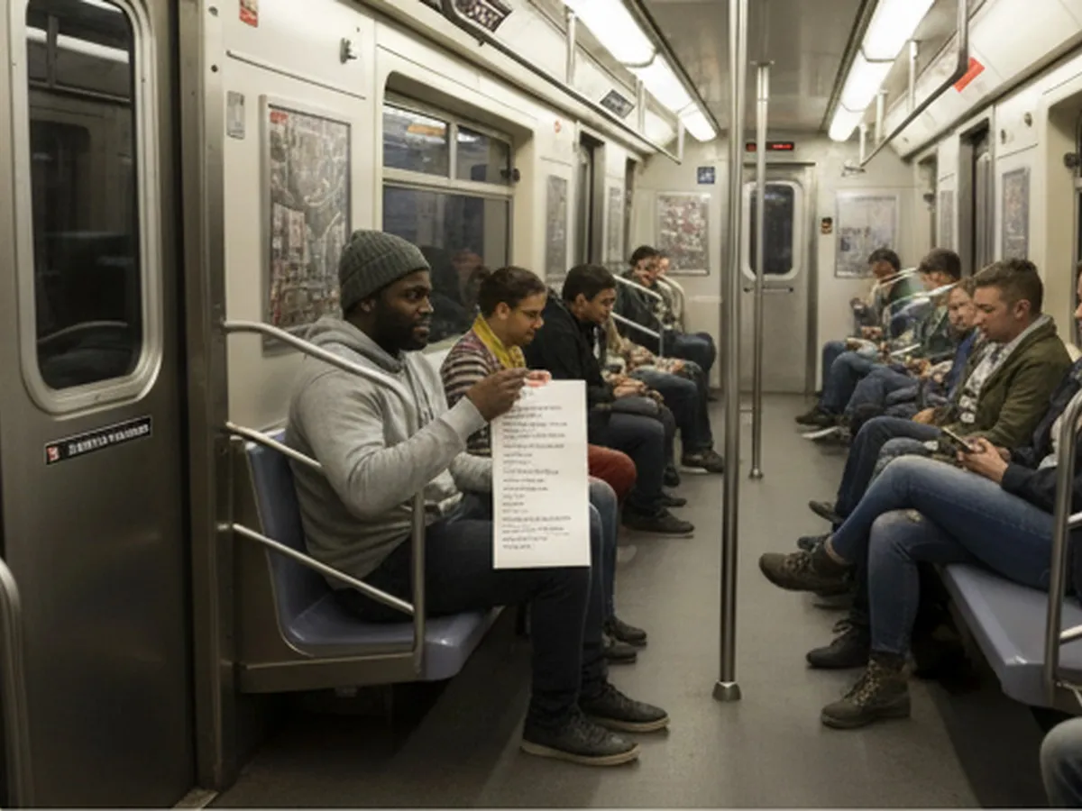 Interior NYC subway car scene with diverse riders in their 20s and 30s, one person reviewing a craft supply list on their phone and another holding a small box of paintbrushes, soft overhead lighting, motion blur outside the windows, and a realistic steel and plastic train interior.