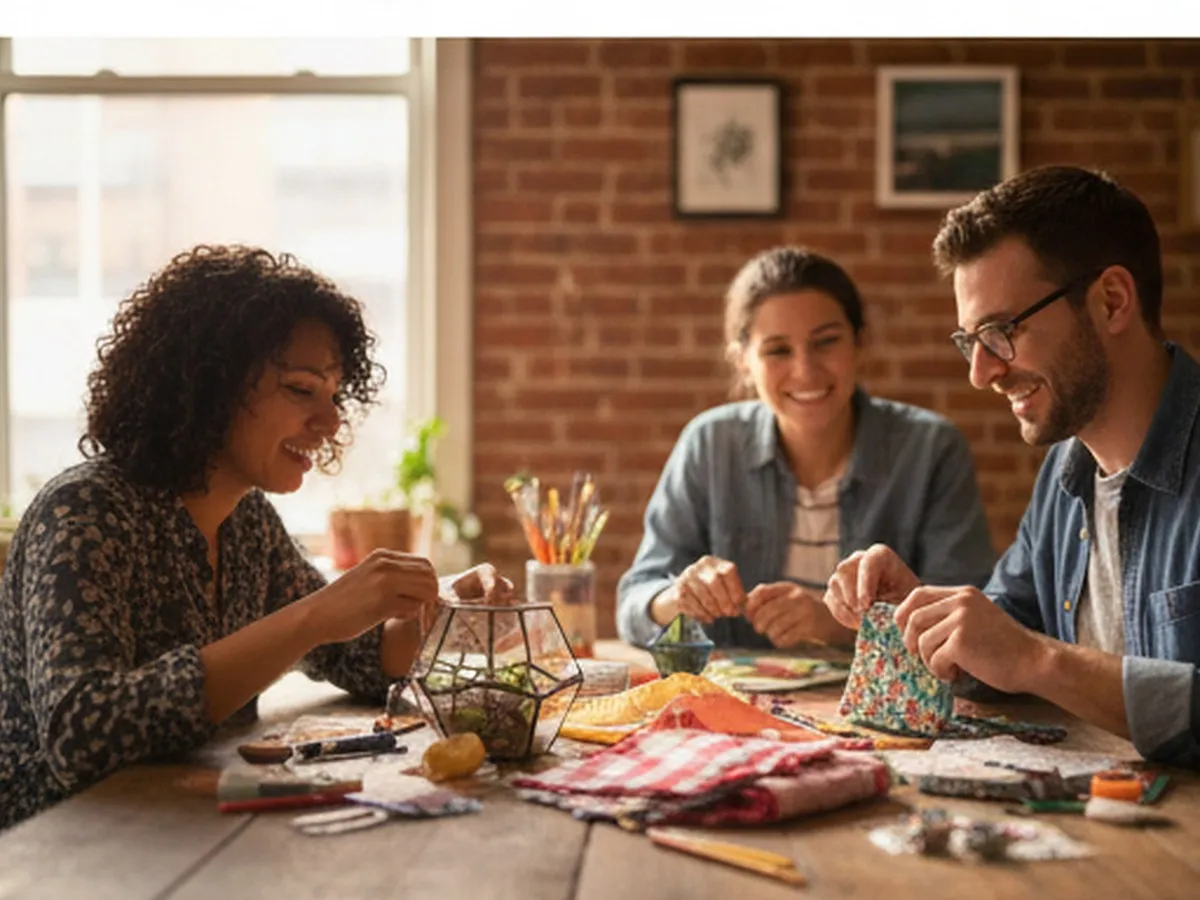 Cozy Brooklyn apartment scene with a table covered in craft supplies—fabric, paints, glue gun, beads—two friends in their 30s chatting and working on a DIY home decor project, soft evening window light, exposed brick wall in the background, and a shallow depth of field focused on hands assembling the craft.