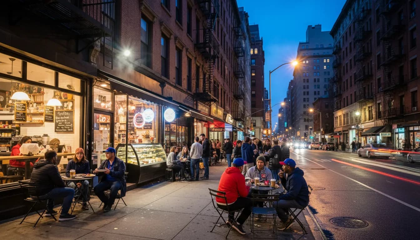 Post-Game Indulgence: NYC Coffee & Dessert for Cubs vs Royals Fans — photorealistic New York City editorial scene