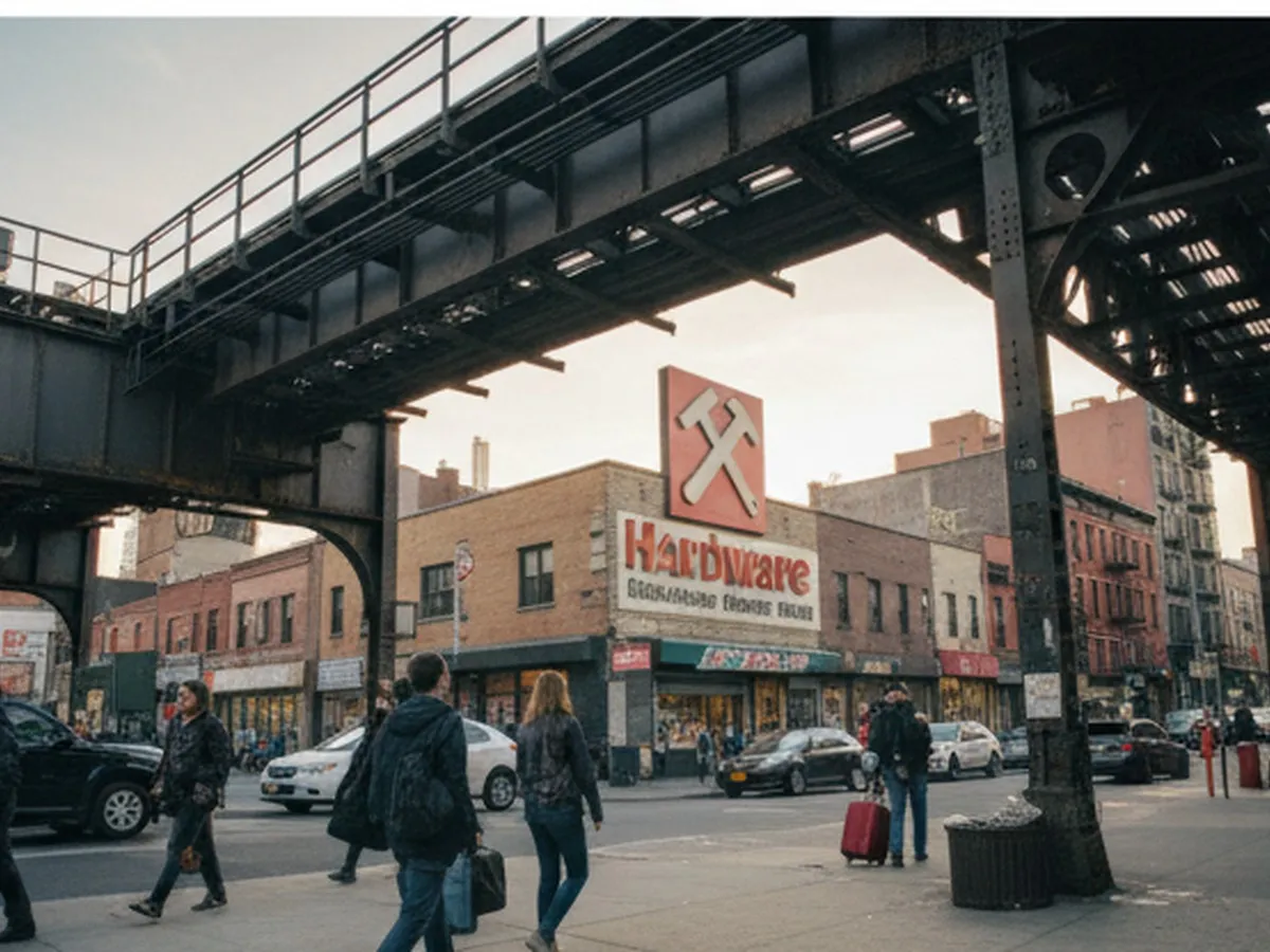 Golden-hour street-level view of a busy outer-borough commercial strip near New York City, with people walking past low-rise storefronts and a large suburban-style hardware store in the distance, cars parked along the curb, and elevated train tracks overhead, shot in a realistic documentary style.
