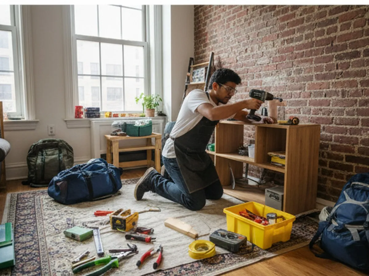 Interior scene of a small New York City apartment living room turned DIY workspace, with a young adult using a cordless drill on a shelving project, Harbor Freight–style budget tools laid out on a protective drop cloth, and soft natural window light illuminating exposed brick walls.