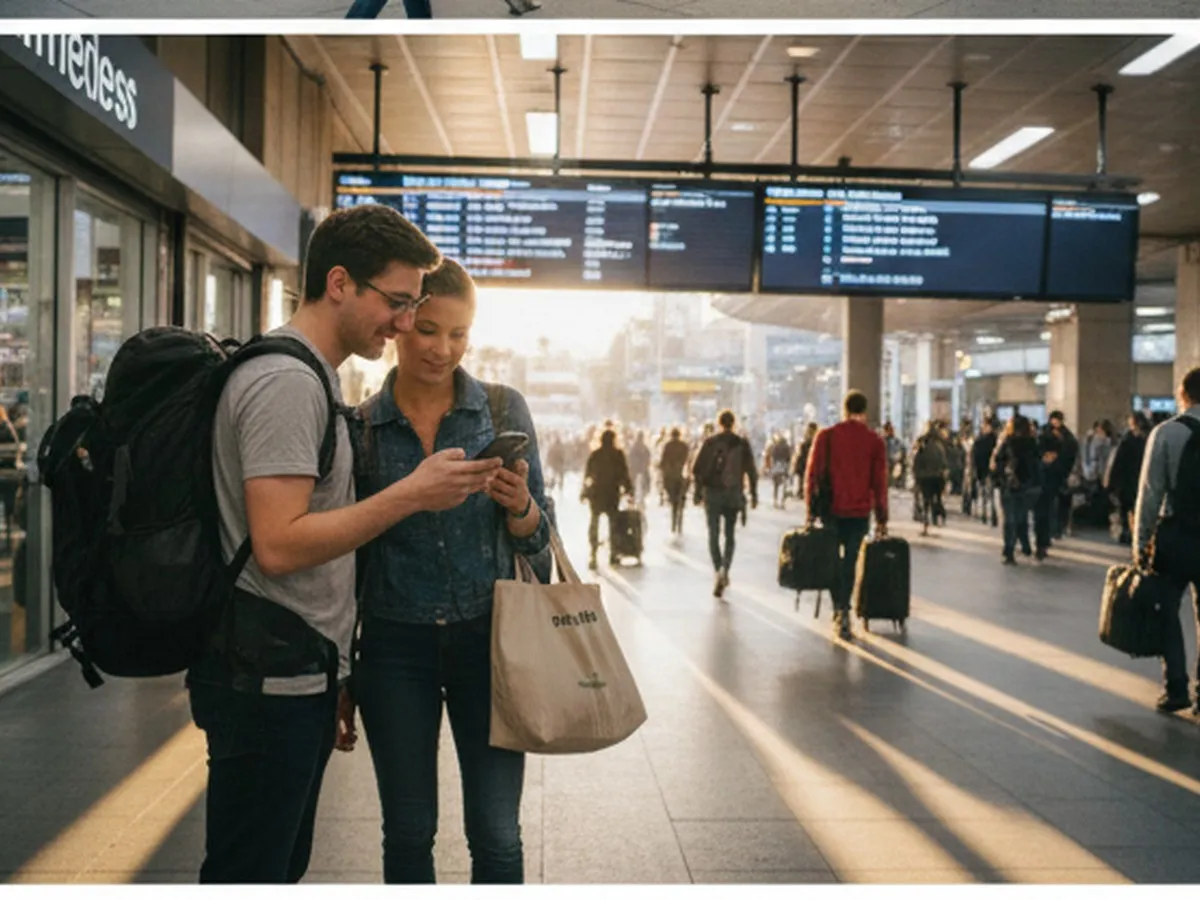 Late-afternoon commuter scene at Penn Station in Manhattan, showing travelers with overnight bags heading toward New Jersey Transit and Long Island Rail Road departure boards, with a young couple checking directions on a phone, suggesting a trip to an outer-city hardware store, captured in clean, photorealistic detail.