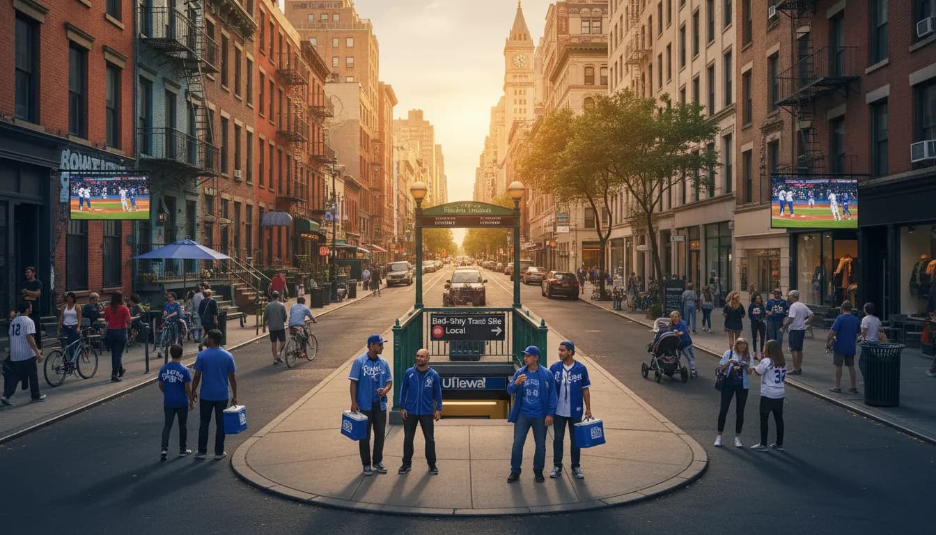 Royals vs Dodgers: Navigating NYC Neighborhoods for Game Day — photorealistic New York City editorial scene
