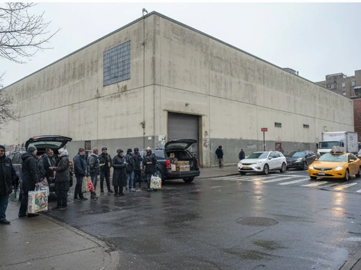 Photorealistic NYC editorial street scene outside a large warehouse club in the outer boroughs, winter coats and tote bags, shoppers loading bulk grocery boxes into rideshare trunks, overcast daylight, realistic urban traffic, no logos or readable signage.