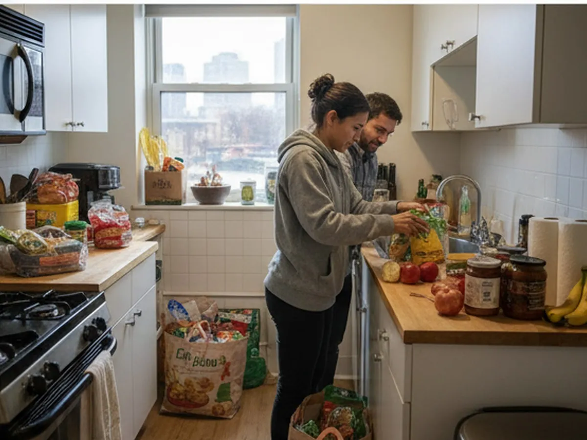 Photorealistic interior of a compact New York apartment kitchen, two adults unpacking bulk pantry items onto a small counter, stacked paper goods and produce, apartment-window city light, candid lifestyle photography.
