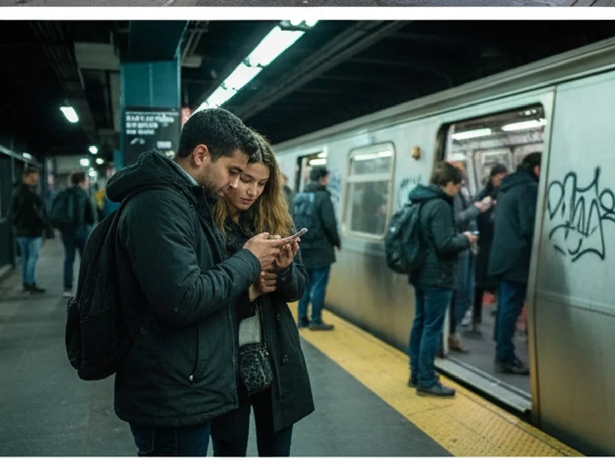 Photorealistic subway platform scene in New York City with two friends comparing grocery notes on a phone before heading to a warehouse club trip, casual clothing, everyday commuters, natural fluorescent station lighting, no readable text.