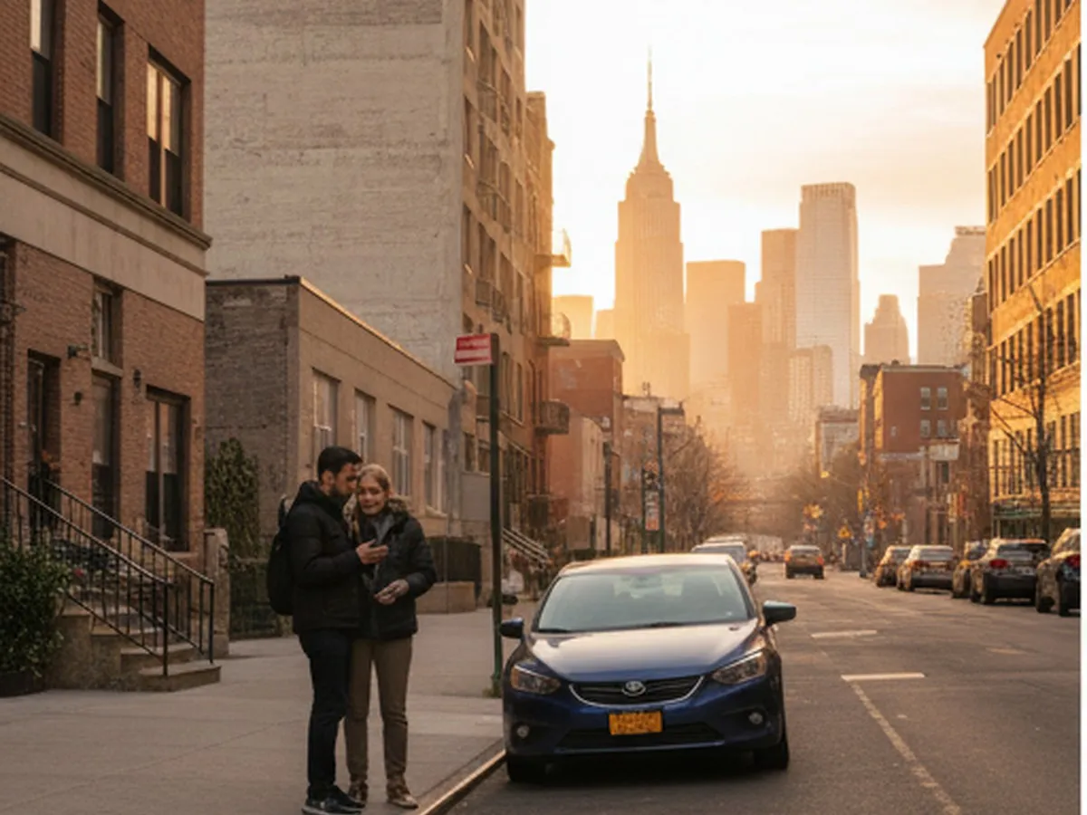 Golden-hour street in Long Island City, Queens, with mid-rise apartment buildings, a parked compact car at the curb, and the Manhattan skyline in the background; a young couple stands on the sidewalk checking a car listing on a phone, realistic lighting and subtle depth of field.
