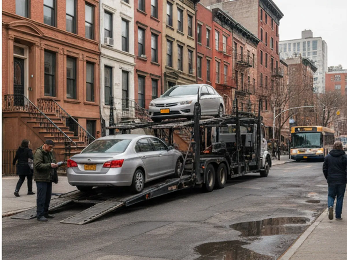 Busy Brooklyn block near Atlantic Avenue with a mix of brownstones and newer buildings, an auto transport truck unloading a used sedan at the curb while a resident signs paperwork on a tablet, pedestrians and MTA bus in the background, overcast but bright afternoon light.