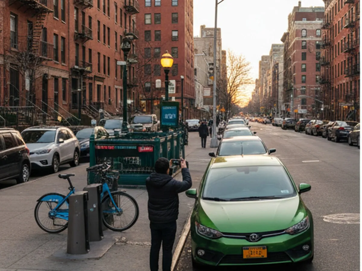 Upper Manhattan side street with parallel-parked cars on both sides, a person photographing a recently delivered hatchback with their phone, Citi Bike station at the corner and subway entrance visible down the block, early evening city lights just coming on.