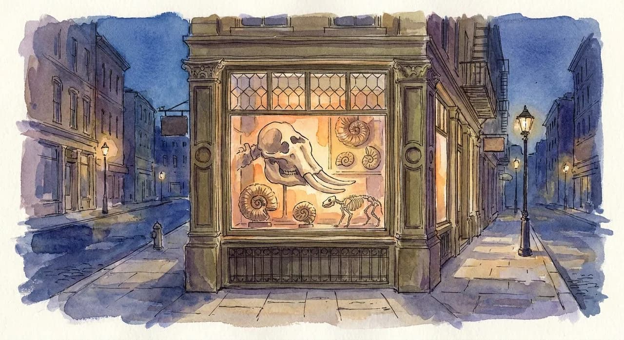 The Evolution Store front window on Lower Broadway, SoHo, with skeletons and fossils on display