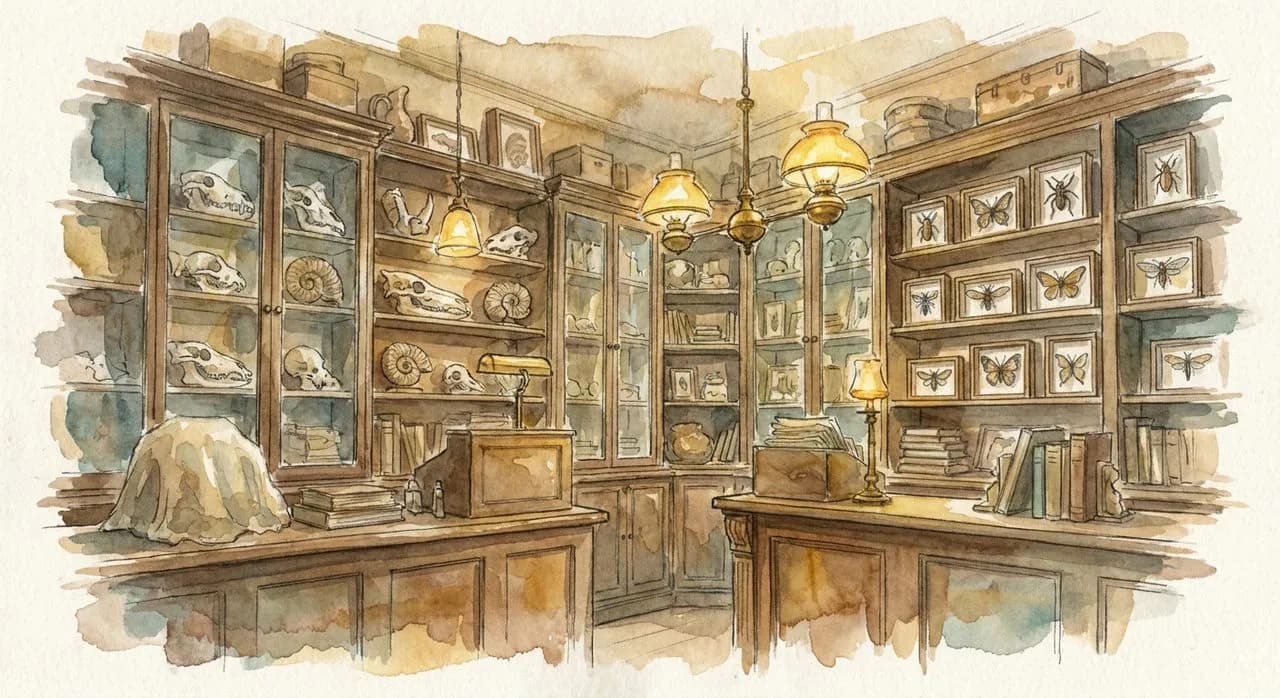 Glass cabinets at the Evolution Store filled with fossils, skulls, and entomology specimens — SoHo, New York