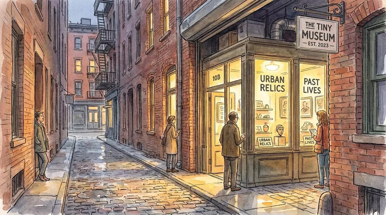 Hero — the storefront windows of Mmuseumm on Cortlandt Alley, the small lit display glowing in a dark Tribeca side street, with hand-lettered labels visible through the glass