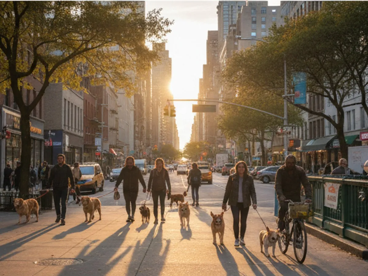 Golden-hour street-level view in Union Square, with a diverse group of 20- and 30-something New Yorkers walking dogs past storefronts and subway entrances; subtle signage hints at a big-box pet store without showing logos, and city traffic, bikes, and trees frame the scene.