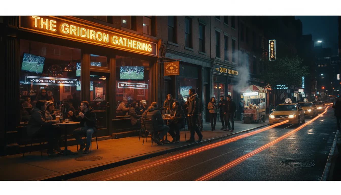 NYC Nightlife: Where to Socialize and Discuss NFL Without Spoilers — photorealistic New York City editorial scene