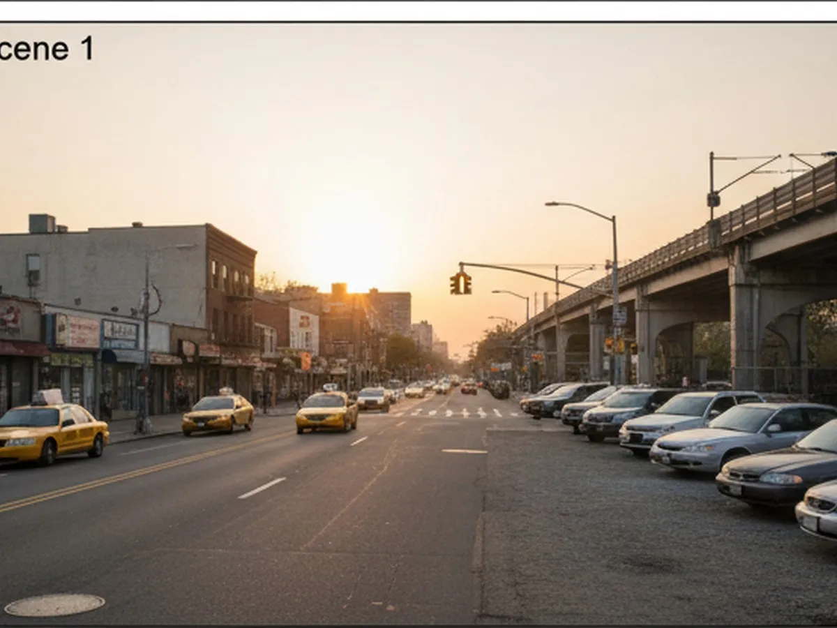 Golden-hour street-level view in Queens looking toward a busy suburban avenue with low-rise storefronts, a small used-car lot and distant highway overpass, yellow NYC cabs passing, and subway tracks in the background, conveying the edge between city life and car-shopping suburbs.