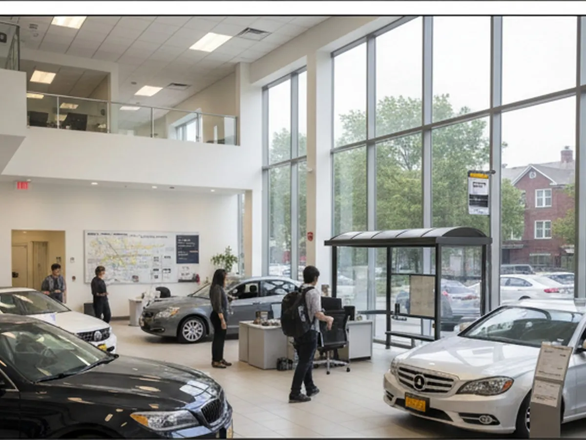 Daytime interior of a modern car dealership-style showroom just outside NYC, with diverse young adults browsing sedans and SUVs, large windows showing a tree-lined parking lot and bus stop, and a salesperson at a desk with transit maps visible, highlighting accessibility for city residents.