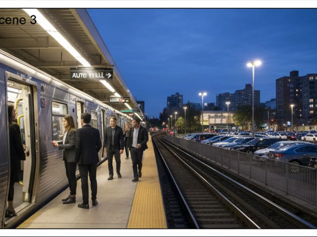 Evening scene at a commuter rail station in New Jersey with a small knot of NYC professionals stepping off a train toward a nearby auto mall’s glowing lights, mixed residential buildings in the background, and clear wayfinding signage, emphasizing the link between public transit and suburban car buying.