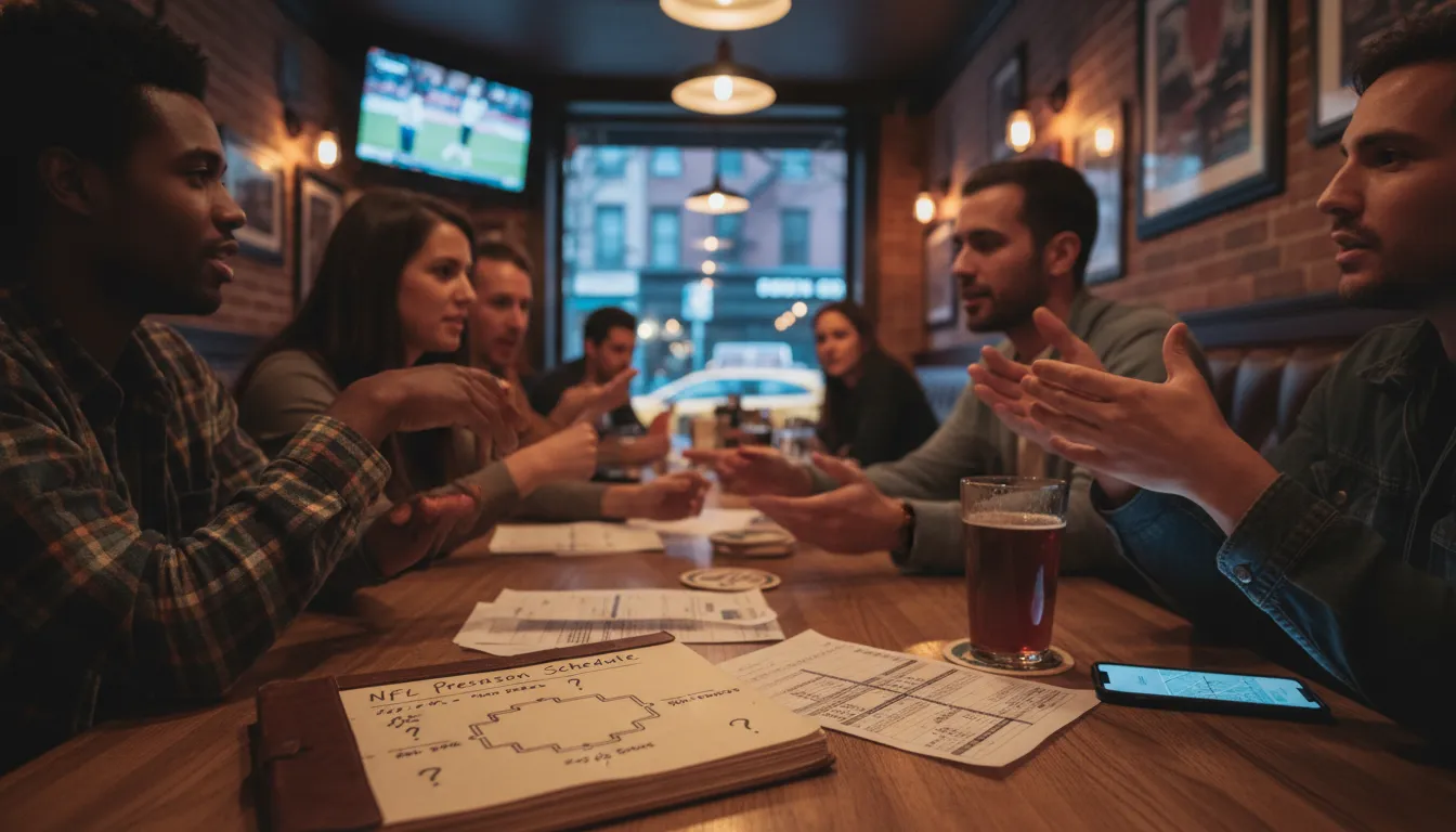 NFL Preseason Schedule: NYC Bars for Early Game Discussions — photorealistic New York City editorial scene