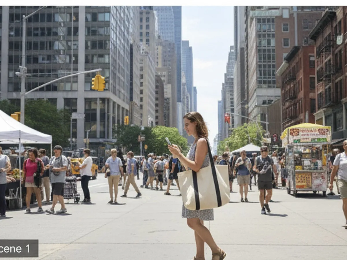A bright weekday morning on a Manhattan sidewalk with an adult carrying a reusable tote, checking a phone map before heading to a train station, summer light reflecting off glass towers, candid editorial photography.