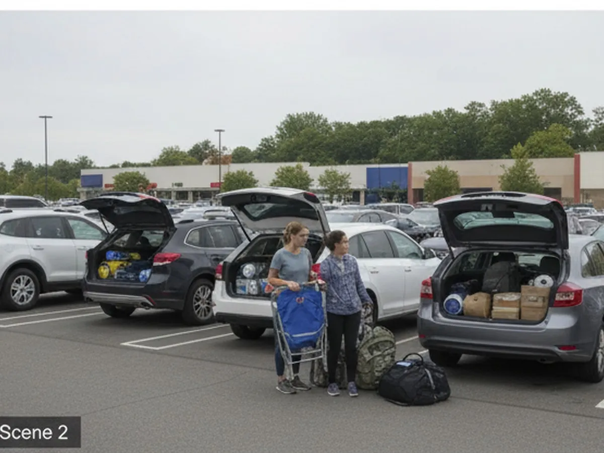 A realistic suburban big-box sporting goods parking lot on the edge of a New York metro area, with shoppers loading folding chairs and athletic gear into rideshare vehicles, overcast natural light, no visible branding.