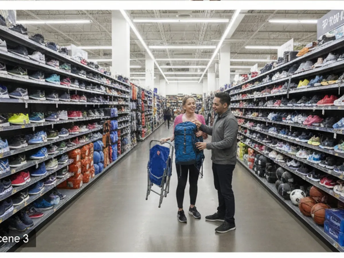 Inside a large modern sporting goods aisle with rack after rack of sneakers, balls, and camp equipment, an adult couple comparing backpacks under neutral fluorescent store lighting, documentary-style framing.