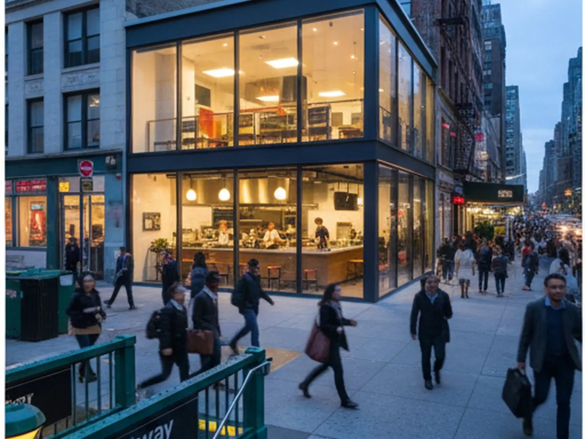 Blue hour street‑level view of a busy Manhattan block with young professionals walking past a modern fast‑casual Mediterranean restaurant, warm interior lighting, open kitchen line visible through large windows, and subway entrance in the foreground, all captured in a realistic editorial style.