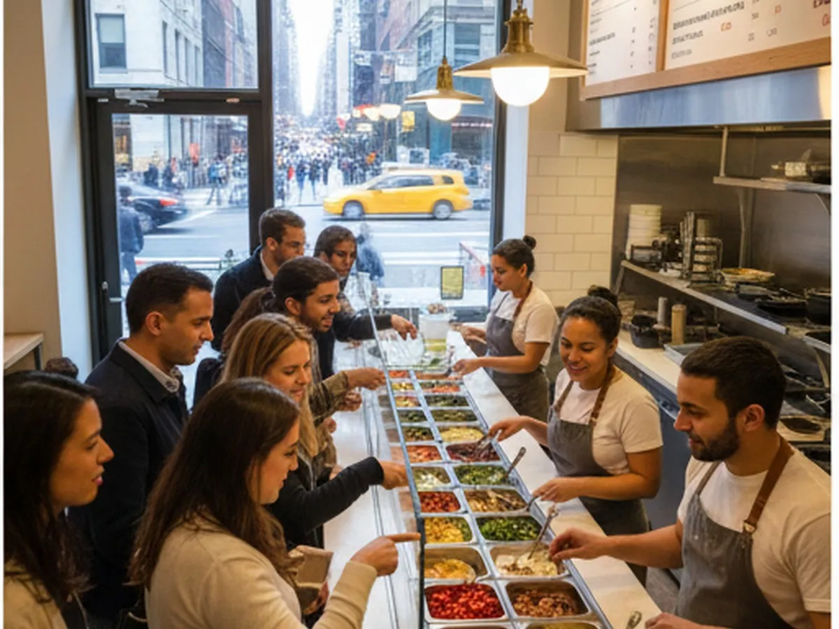Daytime interior scene of a New York fast-casual Mediterranean restaurant counter, diverse customers in their 20s and 30s building grain bowls with colorful toppings like greens, roasted vegetables, and dips, staff behind the line assembling orders, and a glimpse of city street life through the front windows.