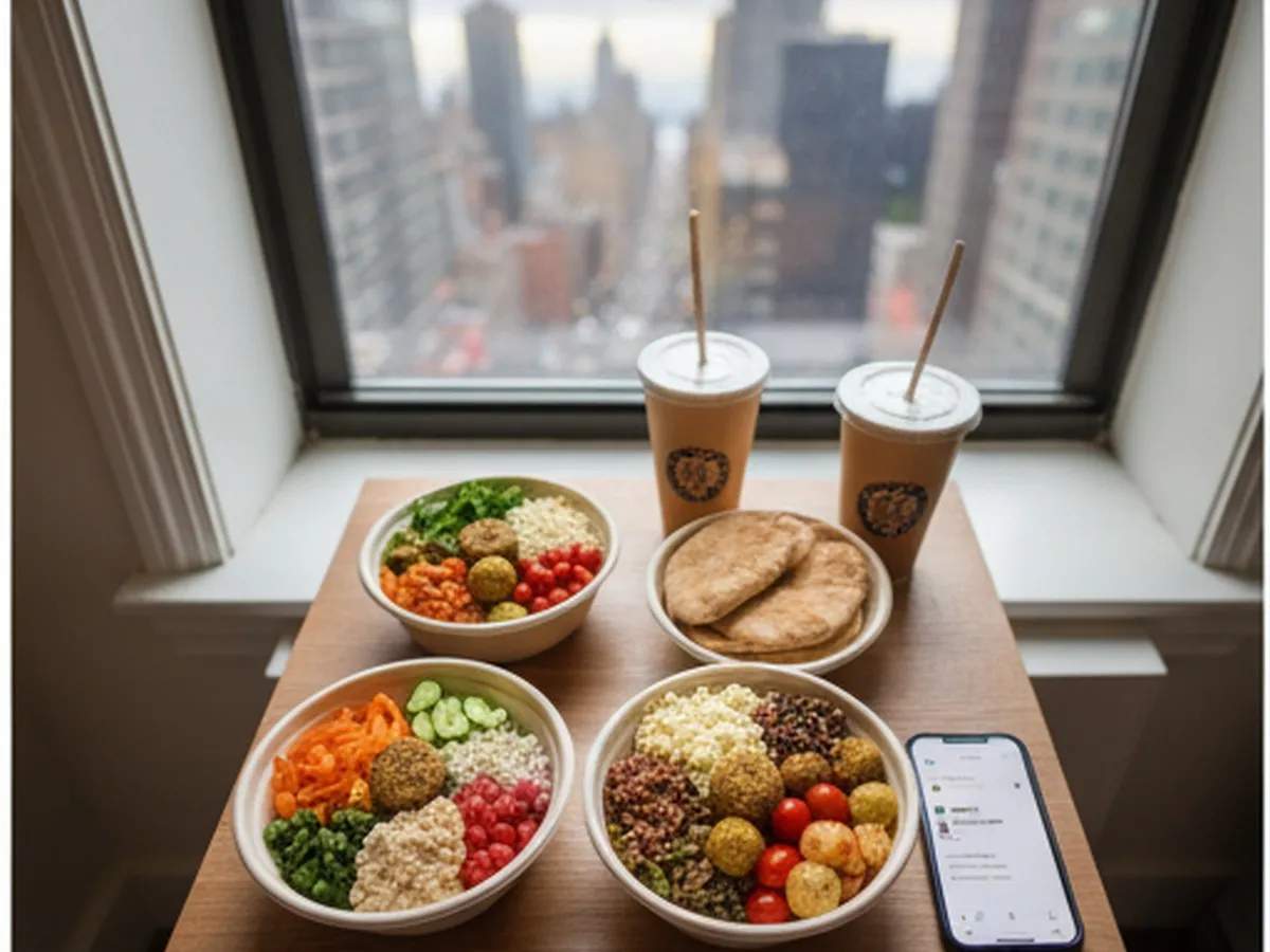 Overhead editorial shot of a small table in a New York apartment near a window, featuring a neatly arranged takeout spread of Mediterranean grain bowls, pitas, and drinks from a fast-casual chain, with a phone showing a delivery app open beside the food and the city skyline softly out of focus in the background.