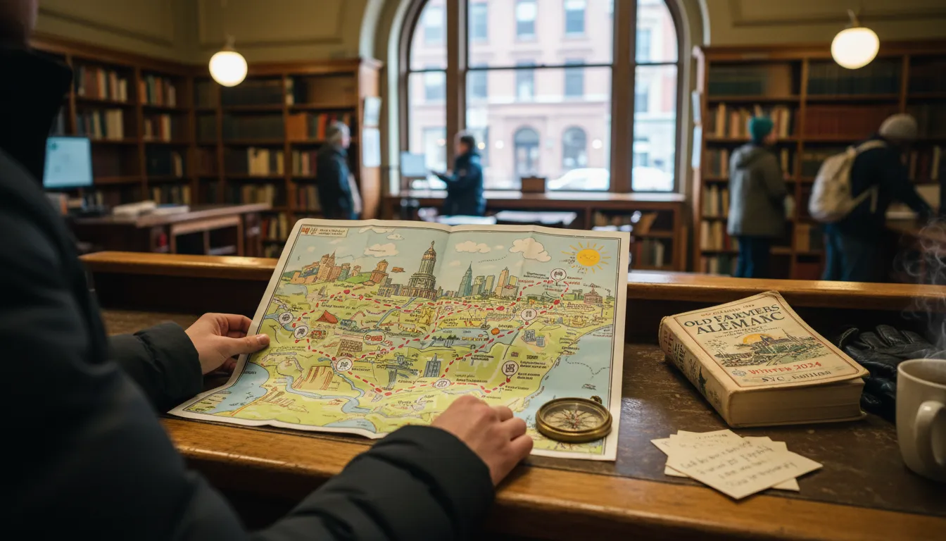 Old Farmers Almanac Winter Forecast: NYC Weather Oddities Walk — photorealistic New York City editorial scene