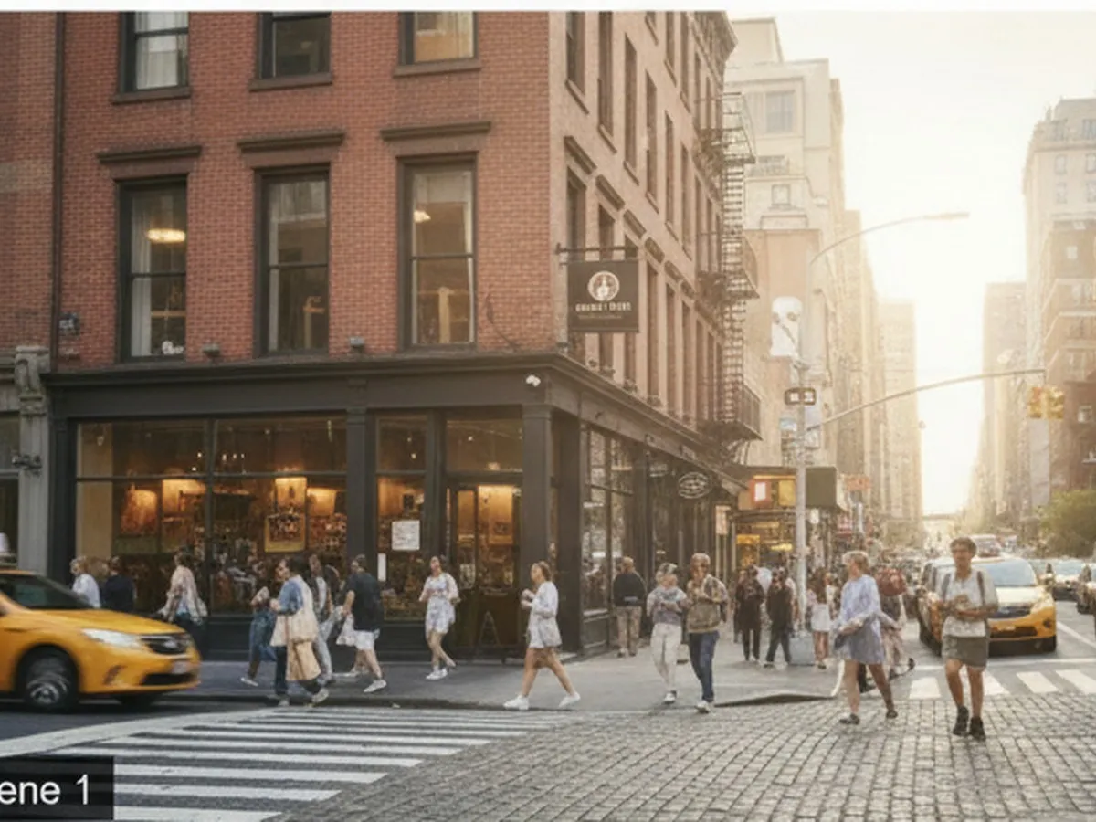 A bright, photorealistic morning street scene outside a busy Manhattan Starbucks on a corner near a subway entrance, with commuters in summer clothing holding iced coffee cups, yellow taxis passing, and soft reflections on glass storefronts.