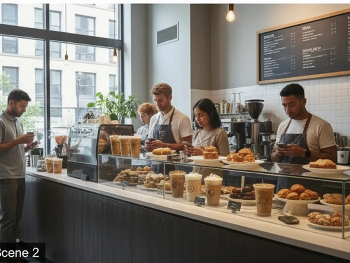 A close, editorial-style interior shot of a New York Starbucks counter with iced espresso drinks, cold foam beverages, pastries in display cases, and a diverse group of customers waiting with mobile orders in hand, natural window light, no readable signs.