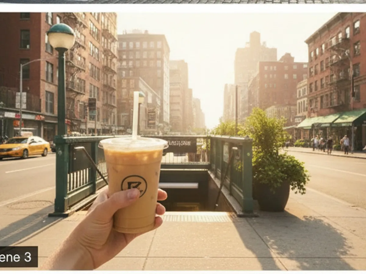 A photorealistic NYC café travel scene featuring a hand holding an iced Starbucks drink on a sidewalk near a downtown subway stairway, with summer greenery, crosswalk markings, and midrise buildings in the background.