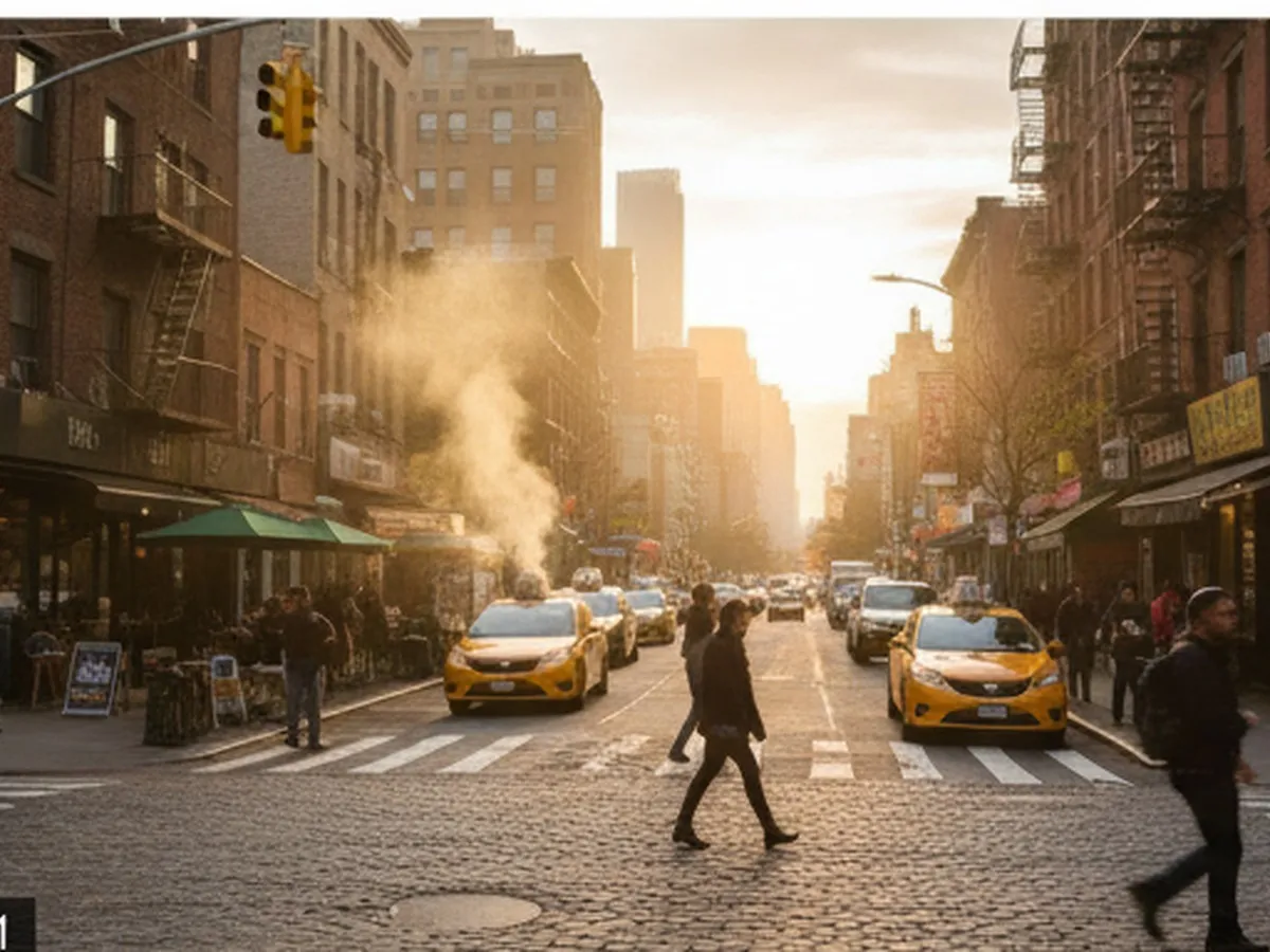 Golden-hour street scene in Manhattan showing a busy corner with a mix of casual restaurants and small bars, people dining at outdoor tables, steam rising from food, yellow cabs passing, and the skyline softened in the background, shot at street level with natural lighting.
