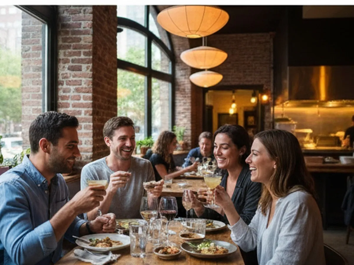 Cozy interior of a Brooklyn neighborhood restaurant with exposed brick, warm pendant lighting, diverse group of friends sharing small plates at a wooden table, an open kitchen softly blurred in the background, photographed from eye level with a shallow depth of field.