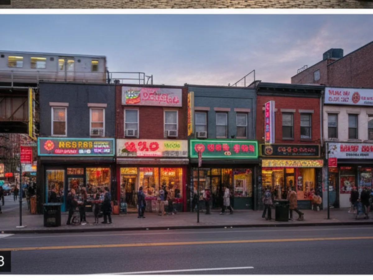 Lively Queens food strip at dusk with multiple storefronts offering different cuisines, bright neon signage, people ordering from a street food window, and the elevated subway tracks above, captured from across the street with realistic color and detail.