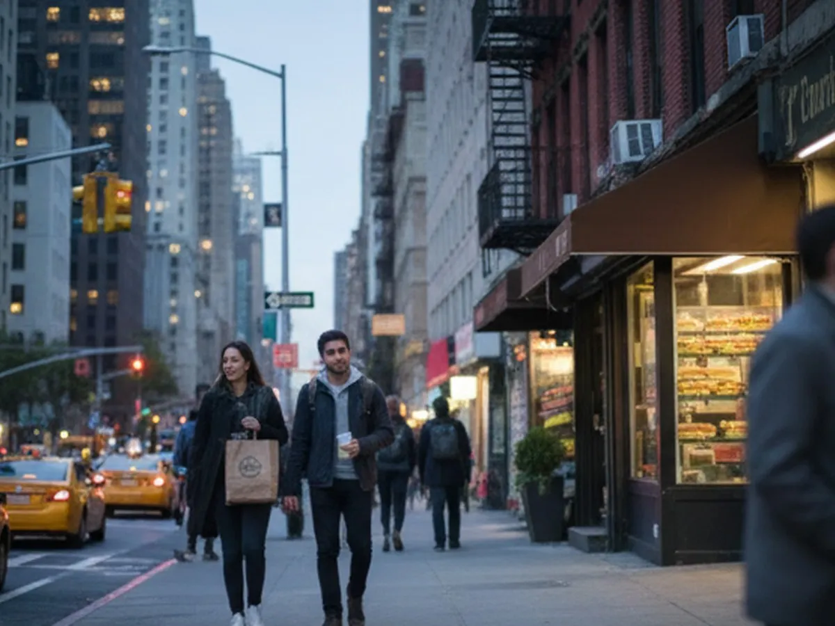 Twilight street scene in Midtown Manhattan with a busy avenue, yellow cabs, and pedestrians passing a small, well-lit sandwich shop with a generic awning, photographed at sidewalk level with shallow depth of field, focusing on people carrying takeout bags and city lights in the background.