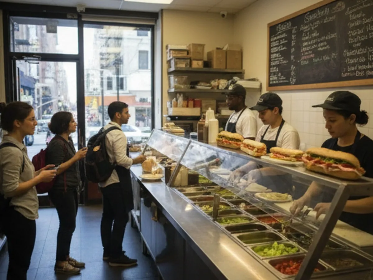 Daytime interior of a compact New York City sandwich shop with an open counter line, staff preparing cold subs on a stainless-steel prep table, and young professionals in casual workwear waiting in line, framed to show menus, ingredients, and a glimpse of the street through the front window.