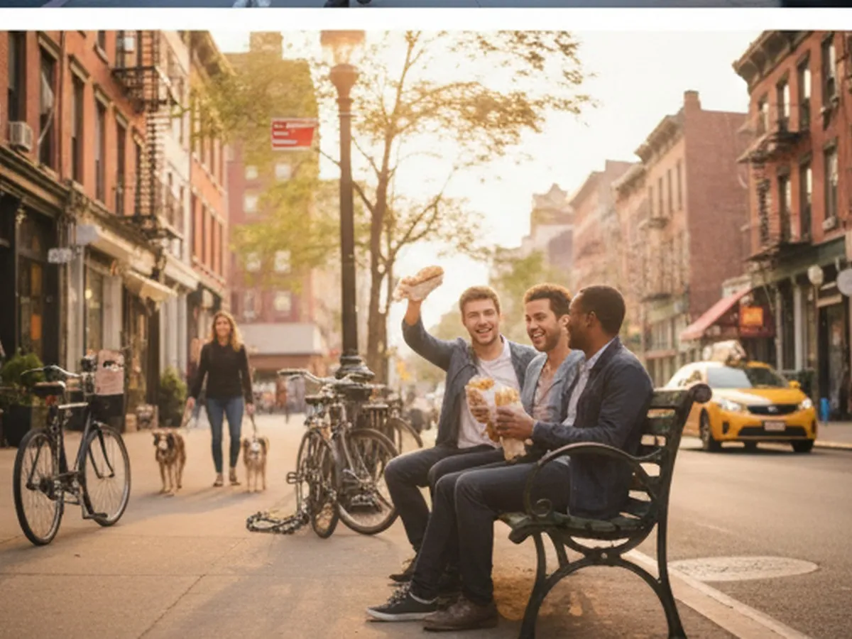 Late afternoon neighborhood shot in Brooklyn with low-rise storefronts, a tree-lined sidewalk, and a diverse group of friends sitting on a public bench sharing wrapped sandwiches and drinks, with bicycles locked nearby and soft golden-hour lighting giving a relaxed, local vibe.