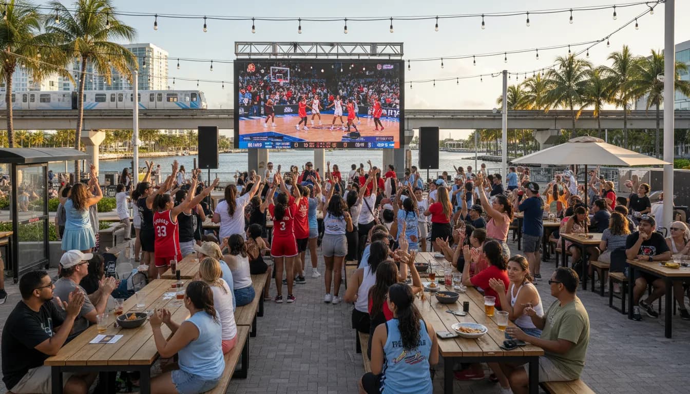 Miami's Best Spots to Watch Fever vs Sky: A Verified Guide — photorealistic Miami editorial scene