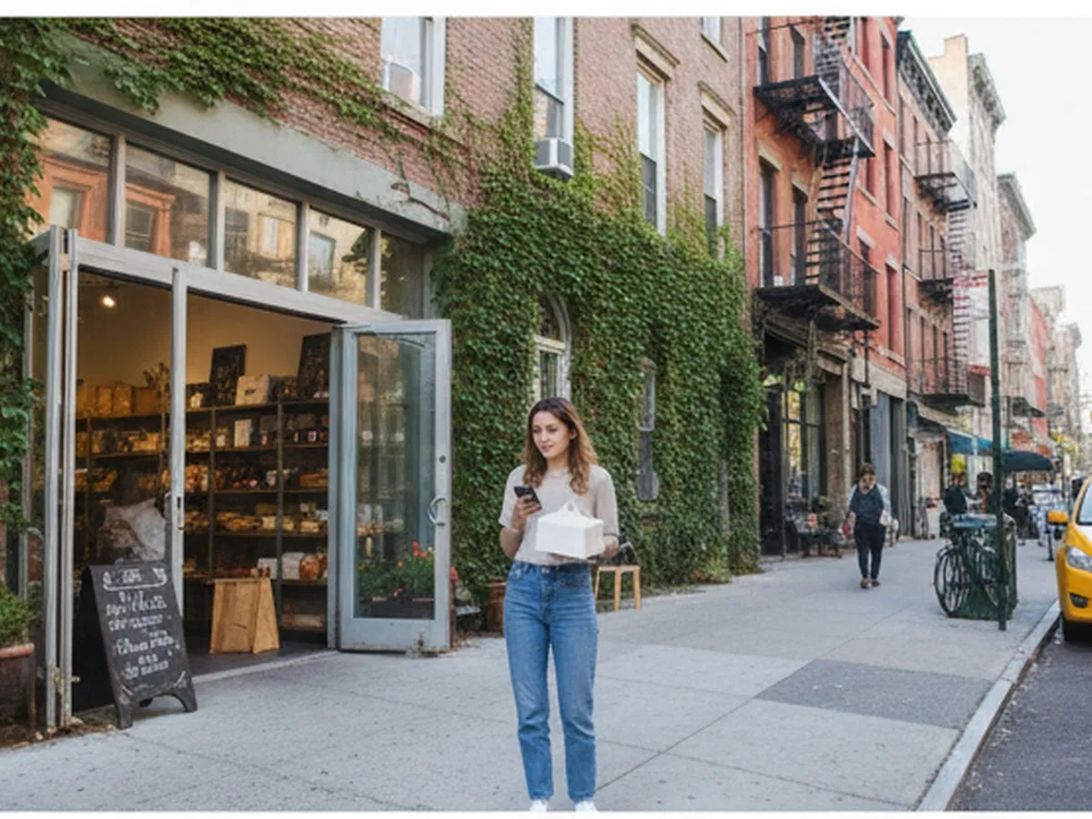 Photorealistic NYC street scene outside a bakery in Manhattan on a weekday afternoon, a person holding a small dessert box and checking a phone, yellow taxi and brownstone details in the background, bright natural light, editorial travel style.